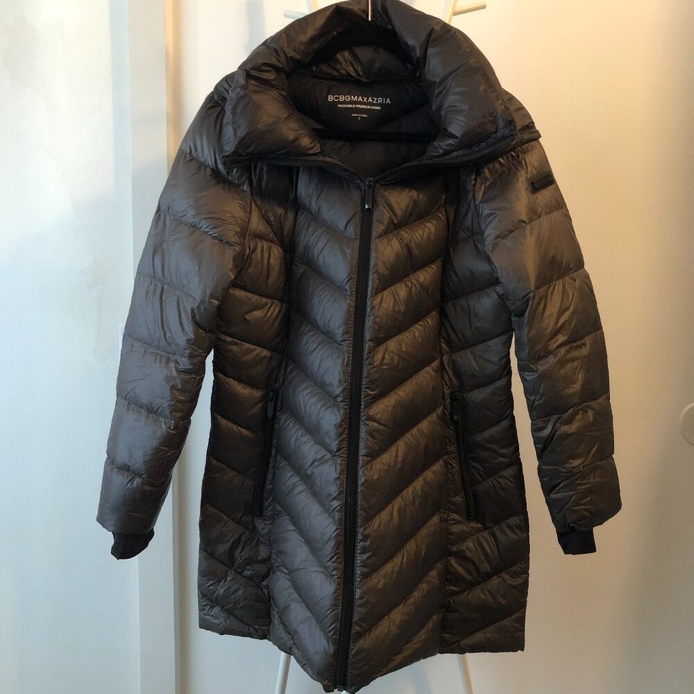BCBG PACKABLE PREMIUM DOWN COAT WITH HOOD BLACK L NWOT